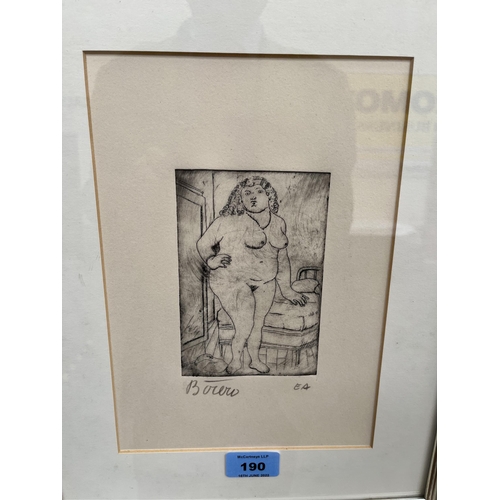 190 - MANNER OF FERNANDO BOTERO. COLOMBIAN Bn. 1932. A standing nude. Bears a signature. Etching 5¼' x 3½'