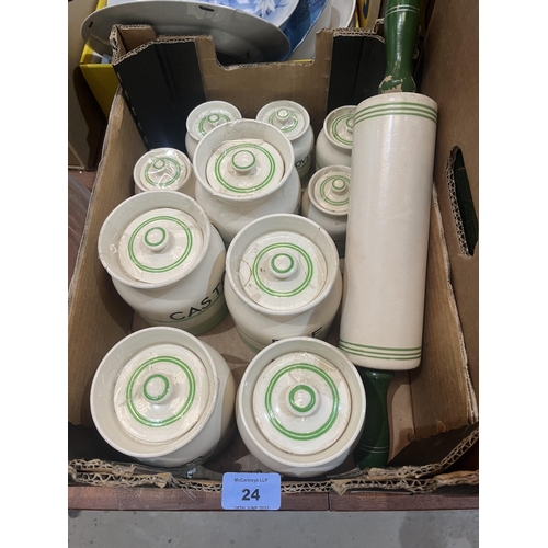 24 - A box of Sadler Kleen Kitchen Ware storage jars and rolling pin