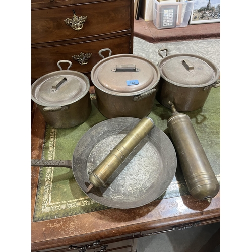 288 - Three copper pans with covers and other metalware