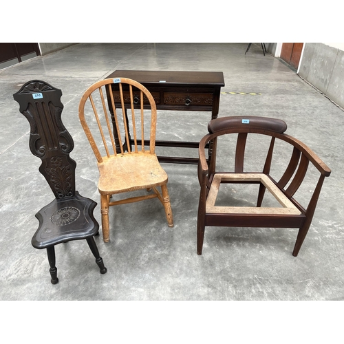 370 - An Edward VII inlaid elbow chair; a Welsh spinning chair; a stickback chair and a hall table (4)