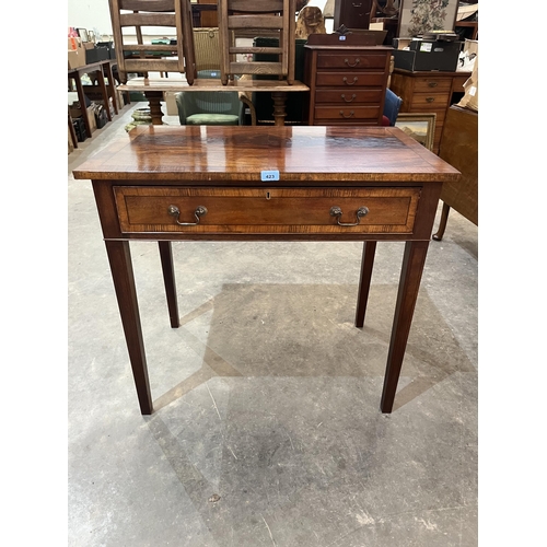 423 - An early 20th century mahogany crossbanded line inlaid side table with frieze drawer on square taper... 