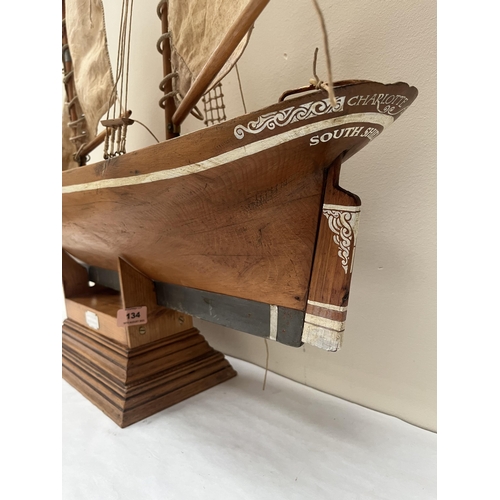 134 - A scratch-built wood model of a two masted brig, The Charlotte Ann of South Shields, the model raise... 