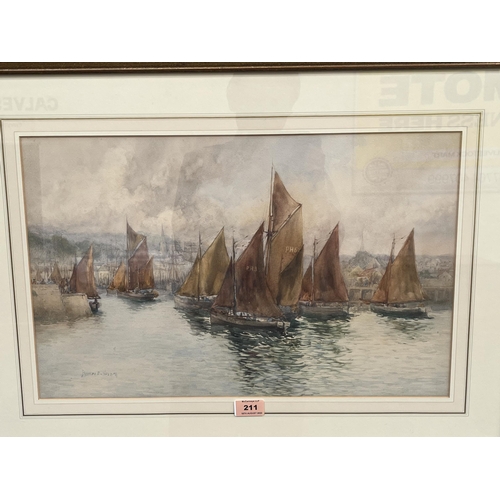 211 - FRANCES E. NESBITT. BRITISH 1864-1934 Boats entering a harbour. Signed. Watercolour 13' x 20½'