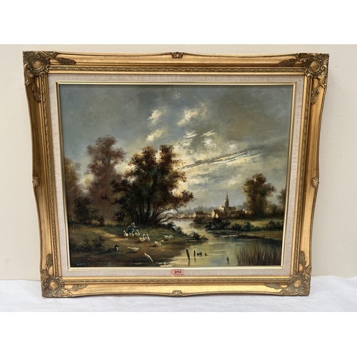 213 - H. BERNER. 20TH CENTURY River scene with figures and geese. Signed. Oil on canvas 20' x 24'