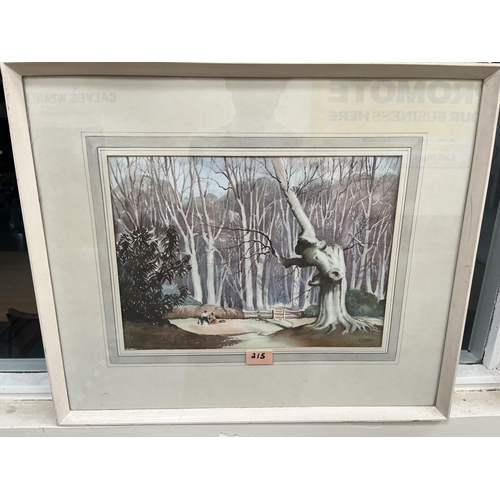 215 - F.J. JAMES. BRITISH 20TH CENTURY Figures in a wood; a rural lane scene. A pair. One signed. Watercol... 