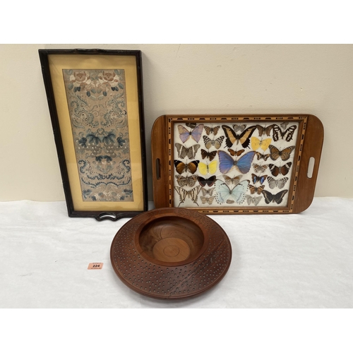 224 - A Chinese hardwood and embroidered tray; a butterfly specimen tray (A.F.) and an antipodean treen bo... 