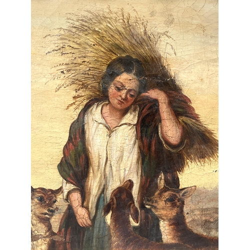 235 - FOLLOWER OF WILLIAM HOLMAN-HUNT. 19TH CENTURY Rustic girl with wheatsheaf, three deer at her feet. O... 