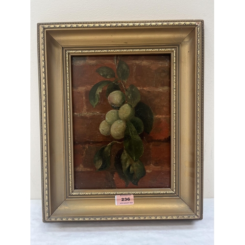 236 - R. MORRIS. BRITISH 20TH CENTURY  Still life of fruit against a brick wall. Signed. Oil on panel 12' ... 