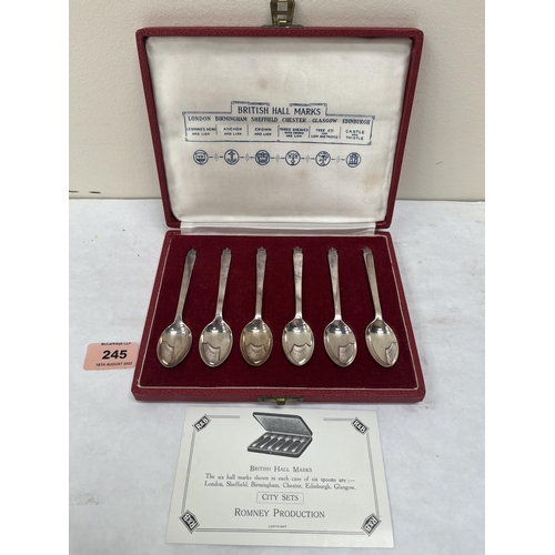 245 - A cased set of six silver teaspoons, Romney Production City Sets special issue. London, Birmingham; ... 