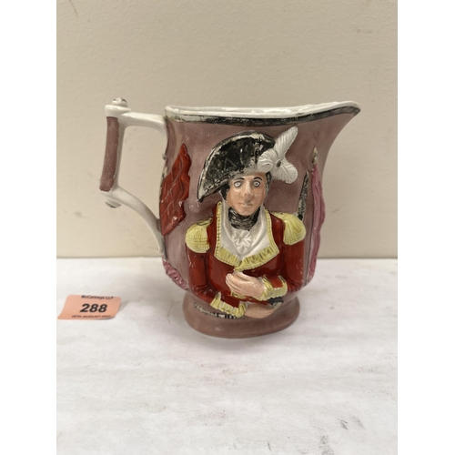 288 - A 19th century jug with relief depictions of Wellington to one side, General Hill to the other. c.18... 