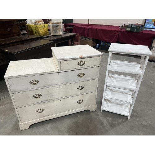 352 - An early 20th century painted pine chest of drawers, 40' wide; together with a painted four stage et... 