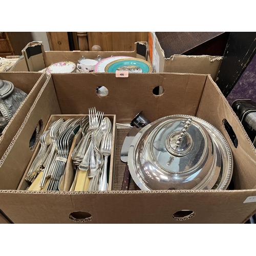 46 - A box of pewter and other metalware and a box of cutlery and plate