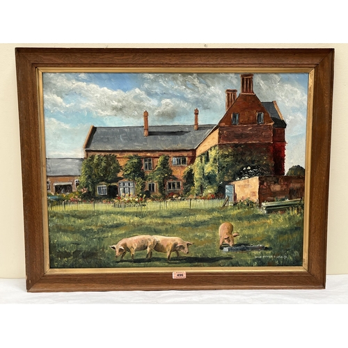 496 - DAVID BROMLEY. BRITISH 20TH CENTURY  Country house studies. A pair. Signed and dated '72. Oil on boa... 