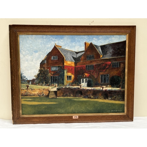 496 - DAVID BROMLEY. BRITISH 20TH CENTURY  Country house studies. A pair. Signed and dated '72. Oil on boa... 