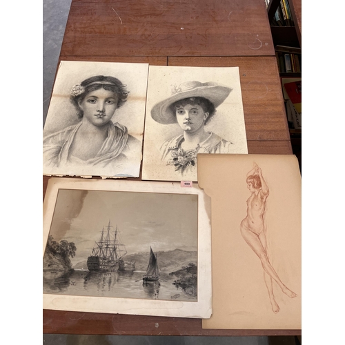 499 - Two Victorian pencil portraits signed R.W. Young; a 19th century drawing, man o' war in an estuary s... 