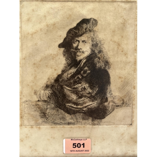 501 - AFTER REMBRANDT VAN RIJN. DUTCH 1606-1669 Self portrait leaning on a stone sill. Etching. Plate size... 