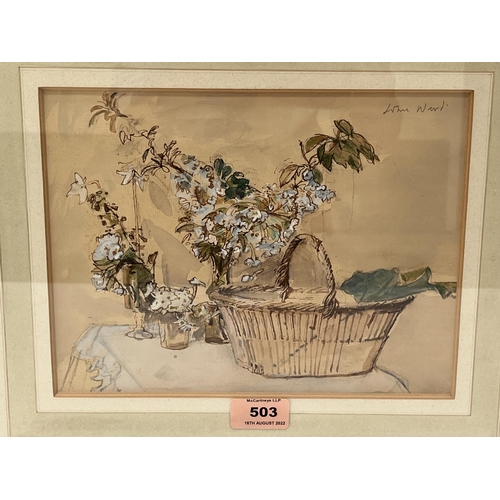 503 - JOHN STANTON WARD. R.A; C.B.E. BRITISH 1917-2007 Still life of basket and vases of flowering shrubs.... 