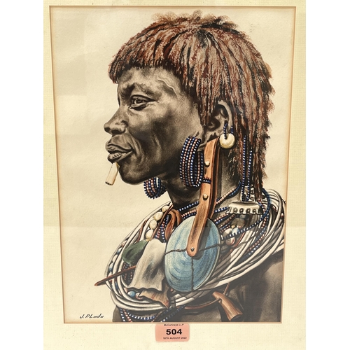 504 - J.P. LUDU. UGANDAN 1925-1965 Portrait of a warrior. Signed. Watercolour 13½' x 9½