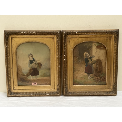 507 - A pair of Victorian gilt gesso frames with arched slips. Each containing a sentimental print. 20½' x... 