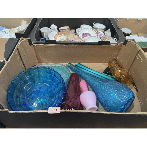 51 - Four boxes of ceramics and glassware to include Torquay Ware, coloured glass, sundries etc.