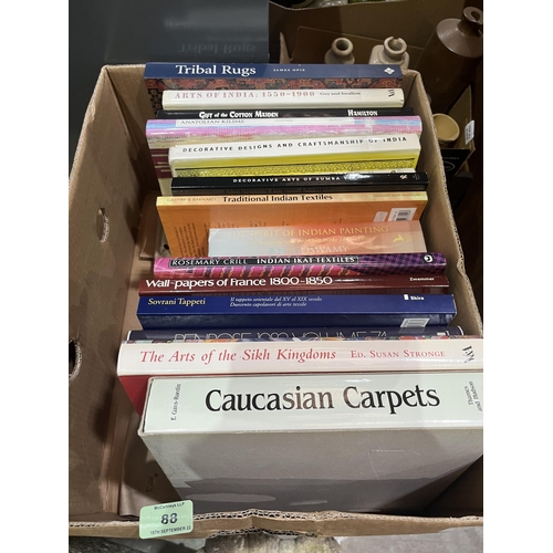 88 - Two boxes of books, Carpets, Textiles etc.