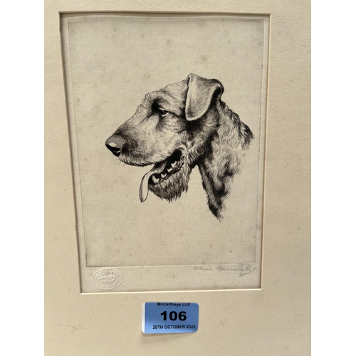 106 - ALICE BARNWELL. BRITISH 1910-1980 Head of a Terrier; head of a spaniel (2). Etchings with Rembrandt ... 