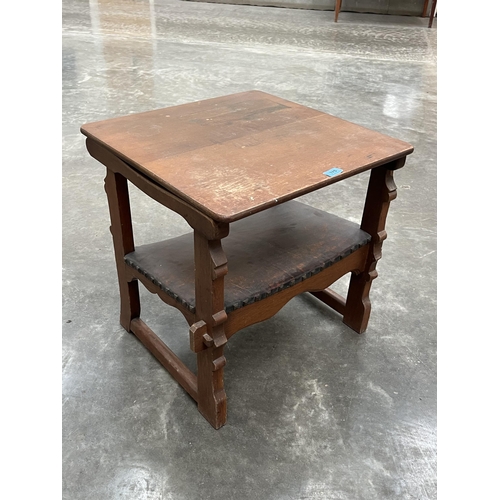 375 - An early 20th century Arts and Crafts oak table bench with leather seat. Bears registration number 7... 