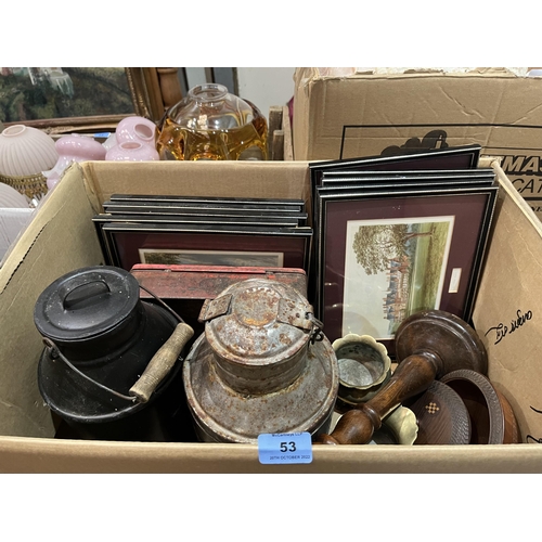 53 - Two boxes of metalware and sundries