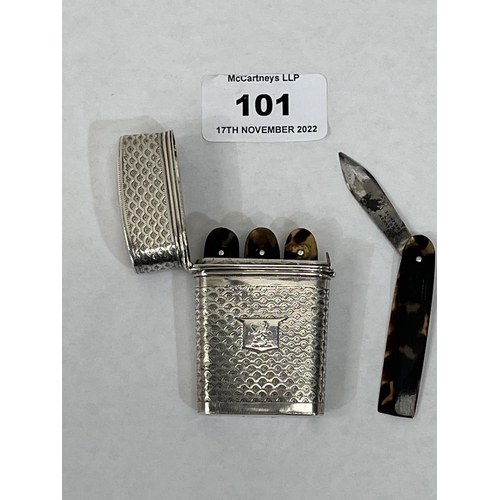 101 - A 19th century silver bright cut necessaire, fitted with six tortoiseshell folding knives to the int... 