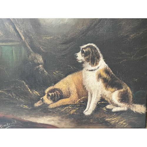 143 - GEORGE ARMFIELD. BRITISH 1808-1893 Two terriers in a barn. Signed. Oil on lined canvas 15' x 20'. Pr... 