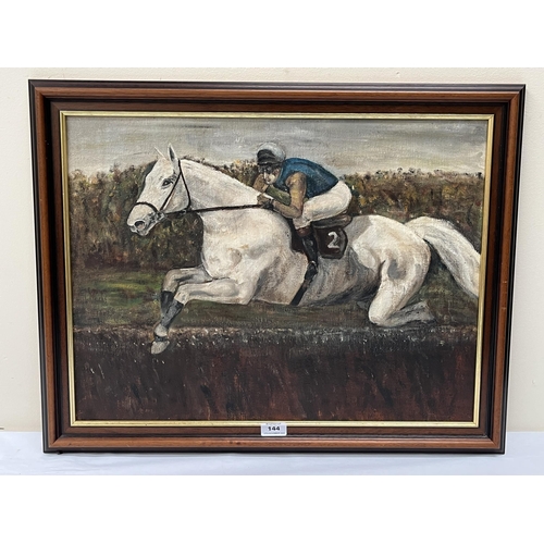 144 - ENGLISH SCHOOL. 20TH CENTURY  Desert Orchid at a jump. Oil on board 18' x 24'