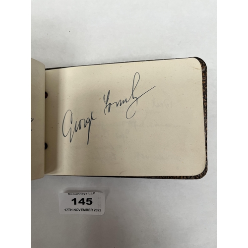 145 - An autograph book with signatures of George Formby, Cyril Fletcher, Suzette Tarri etc.