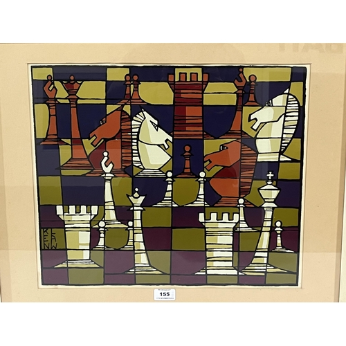 155 - KENNETH LAWRENCE LAW. BRITISH 20TH CENTURY. Chessboard and pieces. Signed. Mixed media 15½' x 18'