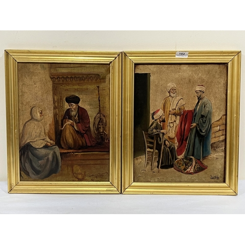 182 - MIDDLE EASTERN SCHOOL. 20TH CENTURY  Street scenes with figures. A pair. Signed. Oil on canvas 15½' ... 