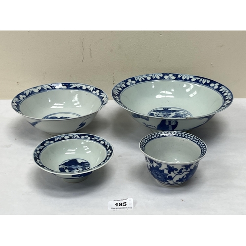 185 - Three Chinese blue and white graduated bowls and another bowl, the larger 9½' diam.