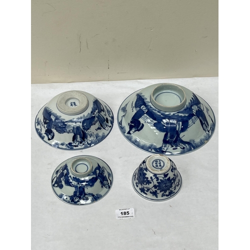 185 - Three Chinese blue and white graduated bowls and another bowl, the larger 9½' diam.