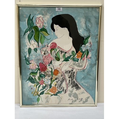 186 - LINDA LA KINFF. FRENCH Bn. 1949 Young woman with flowers. Signed in pencil and numbered 37/200. Prin... 