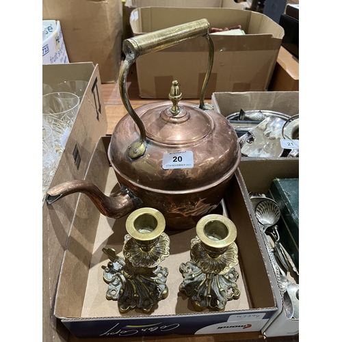 20 - A Victorian copper kettle and a pair of brass candlesticks