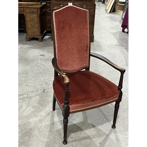 442 - A late Victorian mahogany and line inlaid high backed armchair