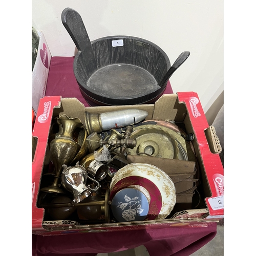 5 - A box of metalware, sundries and an oak pail