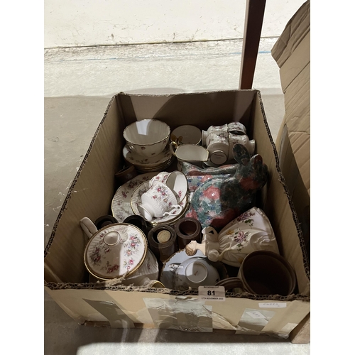 81 - A box of ceramics and a box of sundries