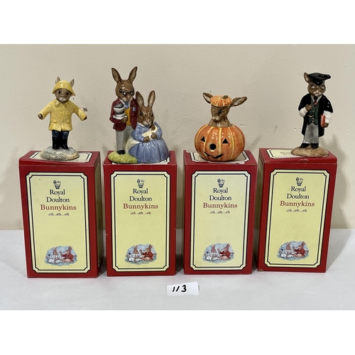 113 - Royal Doulton Bunnykins. Four Figures -Halloween Bunny; Shcoolmaster; Rainy Day and Father, Mother a... 