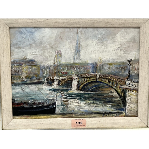 132 - H. PERRODO. 20TH CENTURY  Townscape with river bridge. Signed. Oil on artist's board 9¾' x 10½'