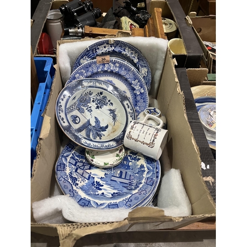 30 - A box of blue and white flatware etc.