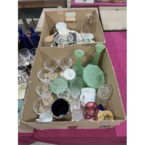 323 - Three boxes of ceramics and glassware