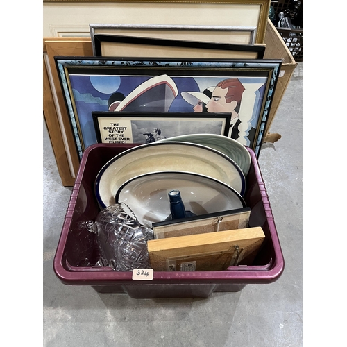 324 - Three boxes of ceramics, sundries and framed prints