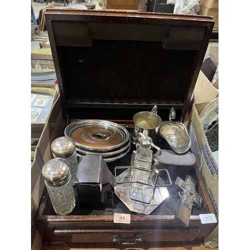 42 - A cutlery canteen box with platedware and sundries