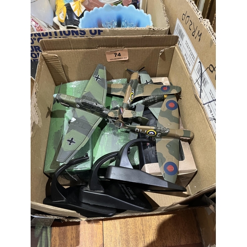 74 - Two boxes of diecast military vehicles and aircraft, books, prints and metalware