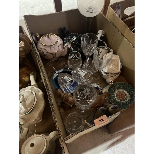 82 - Two boxes of ceramics and glassware and a box of sundries