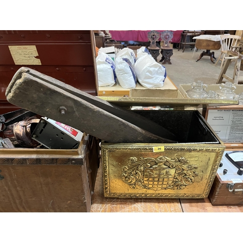 26 - A tin chest of metalware and sundries with a brass embossed coalbox